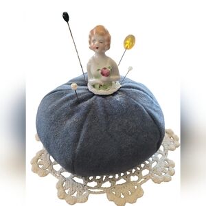 Antique Porcelain Girl Pin Cushion with Hat Pins Vintage Shabby Chic